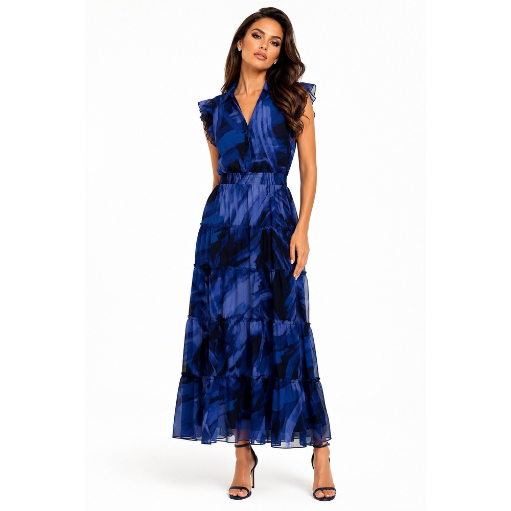 Maggy London Brooks Flutter Sleeve Maxi Dress Navy Blue Abstract Petite PM NEW